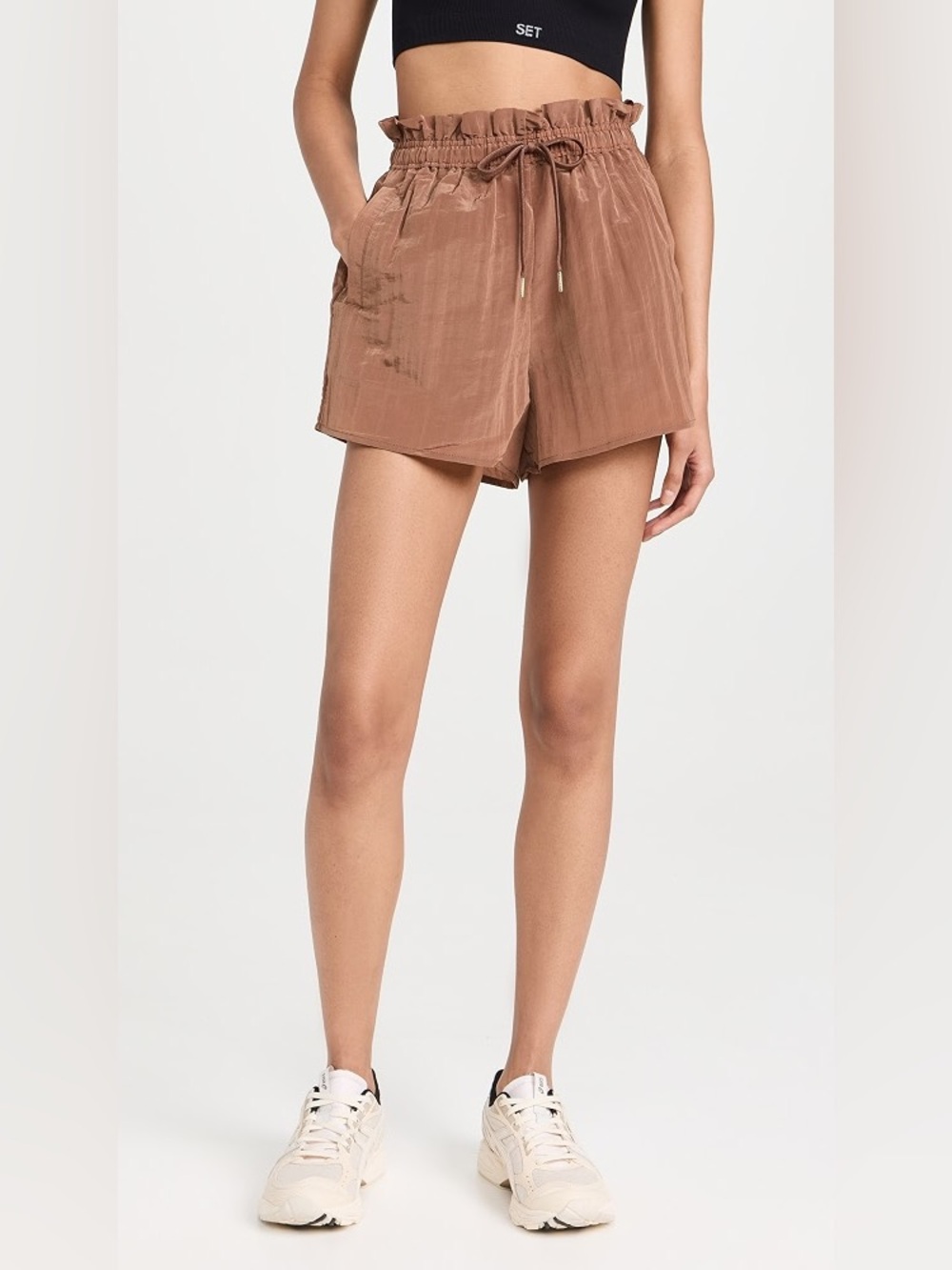 Varley Tulair Shell High-Waist Drawstring Shorts in Rust Brown